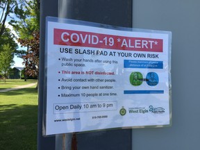 While the splash pad at Miller Park has reopened, the municipality has posted signs that users do so at their own risk.