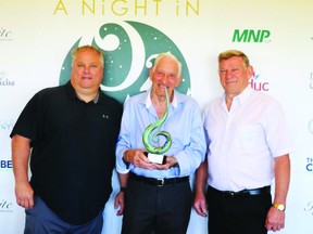 The Leduc and Wetskiwin Regional Chamber recognized 13 local businesses last week after the annual business awards gala was cancelled. Pictured (l-r): Trent Wilhauk, Ben Wilhauk, Norm Wilhauk, Wilhauk Beef Jerky. (Supplied)