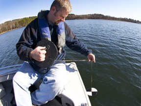 Measuring lake water clarity with a Secchi disk.
