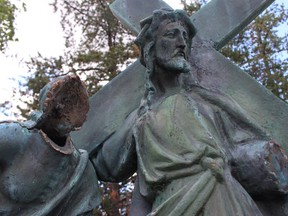 The eighth station of the cross: the pious women, vandalized at Grotto of Our Lady of Lourdes. Keira Ferguson/Local Journalism Initiative reporter