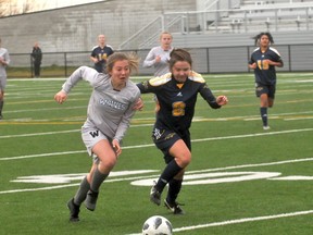 In a dated photo from 2018 GPRC Wolves midfielder Sydney Embleton handles the ball during the first half of an Alberta Colleges Athletic Conference game against the Concordia Thunder at CKC Field. The ACAC cancelled the men's and women's soccer seasons and also cancelled the cross-country running season as well.