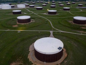 An aerial view of a crude oil storage facility is seen on May 5, 2020 in Cushing, Oklahoma. (Photo by JOHANNES EISELE/AFP via Getty Images)