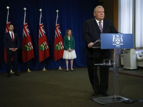 Premier Doug Ford, Minister of Education Stephen Lecce and Deputy Premier and Minister of Health Christine Elliott appear at a press briefing earlier this month. The trio did not appear at Wednesday's briefing after it was discovered Lecce had been in close contact with someone who had tested positive for COVID-19. All three government officials are now being tested for COVID.
FILE PHOTO
