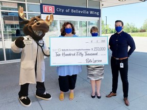On hand for the recent significant donation of $250,000 to the Belleville General Hospital Foundation were Dr. Max the Medical Moose; BGH Foundation board of directors chairperson Patricia Guernsey; Quinte Health Care president and CEO Mary Clare Egberts; and BGH Foundation executive director Steven Cook.
SUBMITTED PHOTO