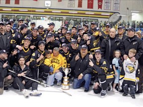 The Brantford Golden Eagles capture the Sutherland Cup provincial junior B hockey championship in 2009. The team is being inducted into the Brantford and Area Sports Hall of Recognition. Expositor file photo