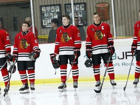 The Brockville Braves' starting lineup for their second home game of the 2019-2020 regular season on September 8 included, from left, Ryan Gillespie, Jack Luca, Killian Rowlee, Simon Kerr and Tyler McBay. (FILE PHOTO)