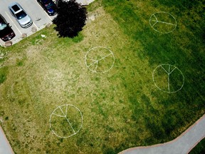 Peace signs are seen in the lawn at Joel Stone Heritage Park in Gananoque. (SUBMITTED PHOTO)
