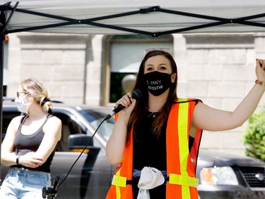 Anti-racism march organizer Chelsea van Stralen gives marchers instructions on how to demonstrate safely during the COVID-19 pandemic before they set out. (RONALD ZAJAC/The Recorder and Times)