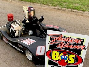 Colby Crawford took the first checkered flag of the kart season in the box stock division race at Brockville Ontario Speedway on Friday. (SUBMITTED PHOTO)