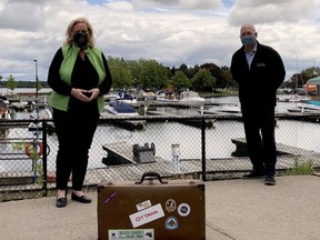 Lisa MacLeod, Ontario's tourism minister, poses with local MPP Steve Clark on Blockhouse Island on Saturday June 13, 2020, amid the usual COVID-19 precautions. (RONALD ZAJAC/The Recorder and Times)