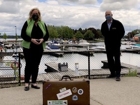 Lisa MacLeod, Ontario's tourism minister, poses with local MPP Steve Clark on Blockhouse Island Saturday afternoon amid the usual COVID-19 precautions. (RONALD ZAJAC/The Recorder and Times)