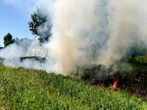 Provincial police took this image of a grass fire along Highway 401 on Tuesday afternoon. (COURTESY OF JIM DONOVAN)