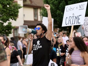 Marchers take part in a Black Lives Matter demonstration on King Street in Chatham, Ont., on Friday, June 5, 2020. Mark Malone/Chatham Daily News/Postmedia Network
