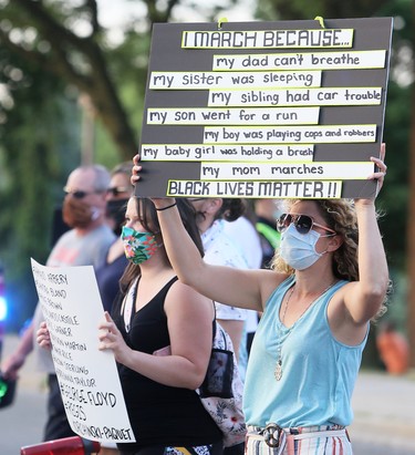 Marchers take part in a Black Lives Matter demonstration on King Street in Chatham, Ont., on Friday, June 5, 2020. Mark Malone/Chatham Daily News/Postmedia Network