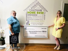Michael Gibbons, president of the Chatham-Kent Association of Realtors, presents a $2,800 cheque to Mary Lou Crowley, president and CEO of the Chatham-Kent Health Alliance Foundation. (Handout)