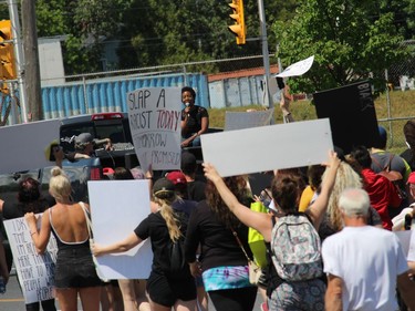 One of the speakers, along the route during Saturday's march. Photo on Saturday, June 6, 2020, in Cornwall, Ont. Todd Hambleton/Cornwall Standard-Freeholder/Postmedia Network