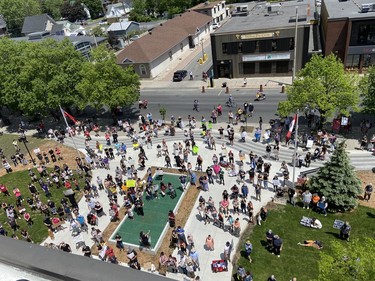 An aerial view as people gather in the courtyard at city hall before the protest. Handout/Cornwall Standard-Freeholder/Postmedia Network

Handout Not For Resale