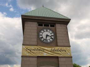 A bilingual banner of congratulations is now in place at the Lamoureux Park clock tower as of June 23 2020 in Cornwall, Ont. Joshua Santos/Cornwall Standard-Freeholder/Postmedia Network