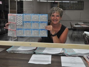 Cornwall Bingo Centre owner Kim Ladouceur sits behind a plexiglass divider inside her bingo hall on Monday June 29, 2020 in Cornwall, Ont. Despite the hall not being open because of COVID-19, Ladouceur has begun offering bingo drive-in events, every day at 5 p.m. Francis Racine/Cornwall Standard-Freeholder/Postmedia Network