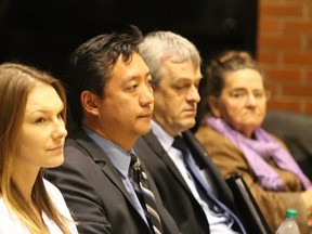 L-R: Constituency assistant Meghan Sereda; Tany Yao, Wildrose MLA for Fort McMurray-Wood Buffalo; Vaughn Jessome, constituency assistant; and, Frances Jean attend a council meeting on October 21, 2015. Cullen Bird/Fort McMurray Today/Postmedia Network