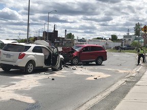 Greater Sudbury Police Service investigate a two-vehicle collision on Lorne Street, near Your Independent Grocer, in Sudbury, Ontario on Saturday, June 6, 2020. One person was sent to Health Sciences North with serious injuries, according to police. Ben Leeson/The Sudbury Star/Postmedia Network