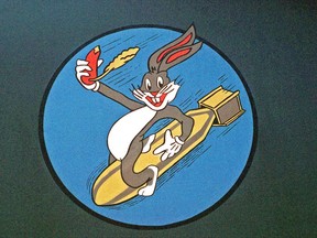 Bugs Bunny enjoys a carrot and a ride on a descending bomb, compliments of the 529th Bombardment Squadron, 320th Bombardment Wing.  The squadron's FB-111s have revived the nose art originally used by the B-24 Liberators of the 529th during World War II. Is this going to be wiped away next because an explosive is too violent?