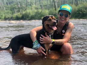 Jessica Leska with her dog, Charlie, as she prepares to run to Fort Smith in 2021. Supplied image