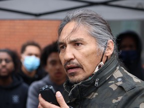 Chief Allan Adam of the Athbasca Chipewyan First Nation speaks at an anti-racism protest supporting Black Lives Matter at Jubilee Plaza in Fort McMurray on Saturday, June 6, 2020. Vincent McDermott/Fort McMurray Today/Postmedia Network