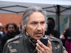 Chief Allan Adam of the Athbasca Chipewyan First Nation speaks at an anti-racism protest supporting Black Lives Matter at Jubilee Plaza in Fort McMurray on Saturday, June 6, 2020. Vincent McDermott/Fort McMurray Today/Postmedia Network