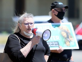 Chatham-Kent Health Coalition chairperson Shirley Roebuck speaks during a protest about issues in long-term care homes outside MPP Rick Nicholls's office in Chatham, Ont., on Wednesday, June 24, 2020. (Mark Malone/Chatham Daily News)