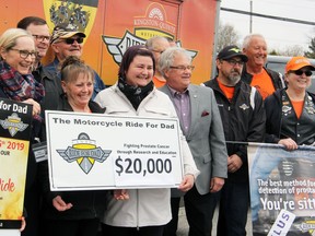 Kingston and Quinte chapter of the Motorcycle Ride for Dad donates $20,000 to Katrina Gee for her prostate cancer research at 2019 ride's launch at the Cataraqui Community Centre in Kingston, Ont., on Thursday, May 9, 2019. Steph Crosier/The Whig-Standard/Postmedia Network
