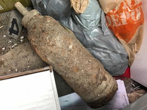 A mortar shell brought to Kingston Police headquarters by a resident on Tuesday. The presence of the shell caused the police to close a portion of their station for most of the morning. (Supplied Photo)