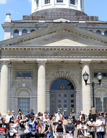 Hundreds of protesters gathered in Confederation Park in front of Kingston City Hall on Saturday, June 6, 2020 to demonstrate against racism, discrimination and violence against people of colour. Meghan Balogh/The Whig-Standard/Postmedia Network