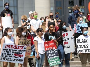 Hundreds of protesters gathered in Confederation Park in front of Kingston City Hall on Saturday to demonstrate against racism, discrimination and violence against people of colour. (Meghan Balogh/The Whig-Standard)