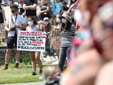 Hundreds of protesters gathered at the Justice for George Floyd & All Police Racism Victims event at Confederation Park in downtown Kingston on Saturday, June 6, 2020. Meghan Balogh/The Whig-Standard/Postmedia Network