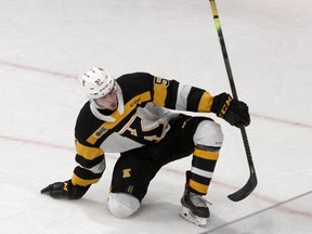 Kingston Frontenacs rookie Shane Wright celebrates a goal during Ontario Hockey League action at the Leon's Centre in Kingston on Oct. 11, 2019.