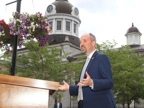 Kingston Mayor Bryan Paterson speaks about the Love Kingston Marketplace initiative at Springer Market Square on Wednesday, June 24, 2020.