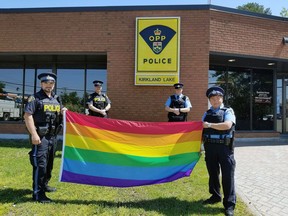 Kirkland Lake OPP members Adam Gauthier (front left), Ryan Dougan (back left), Wayne McGinnis (back right) and Debbie McMullen (front right) celebrated PRIDE Month by displaying the rainbow flag outside the detachment.