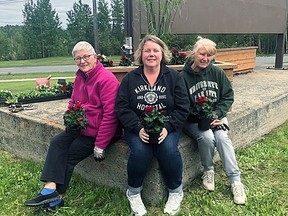 A number of local volunteers have begun planting flowers around various places in town. Dianne Merrell, Jen Boudreault  KLDH Staff member and JoAnn Ducharme plant at the hospital.