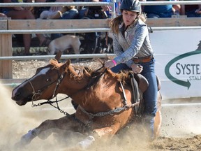 In this file photo from the 2019 Exeter Rodeo, Taylor Smith and her horse stumbled during ladies barrel racing, although both were unharmed in the accident. Due to COVID-19, this year's rodeo has been cancelled. Dan Rolph