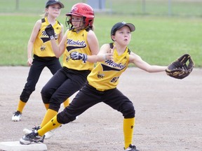 Mite call-up Annika Terpstra reaches for a throw at third base during Mitchell Squirt girls fastball action last July. This year's season has been cancelled as a result of COVID-19. ANDY BADER/MITCHELL ADVOCATE