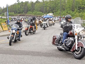 Dozens of people ride their motorcycles out of Canadore College in 2019 for the annual Nipissing Ride for Dad fundraiser for prostate cancer research. Nugget File Photo