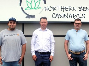 Northern Zen Cannabis has opened on Osprey Miikan on Nipissing First Nation. Manning the outlet are, from left, Wylden Ray, owner Zachary Lacelle and Larry Newton.PJ Wilson/The Nugget