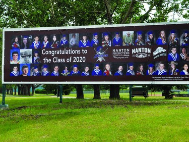 This huge sign congratulating the 2020 graduating class at J.T. Foster High School is up along the southbound lanes of Highway 2, by the ball diamonds. The sign was a collaboration involving J.T. Foster, the Town of Nanton, Nanton Boosters and Nanton Promoters. On the sign, thanks is given to "Loree Photography and others for making this possible."