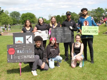 Organizers of and speakers at Pembroke's March Against Injustice pose for a group photo previous to the event start at the Pembroke Waterfront on Tuesday, June 9. In the back row from left, Belle Bailey, Whitney Quenneville, Harry Alorgbey and Oderah Pecore-Ugorji. In the front row fromm left, Tahir Elfitori, Taylor Robinson and Emily Lehman. Anthony Dixon