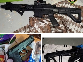 A police photo of three of the replica firearms seized when they executed the warrant at the Arnold's Lane address in Pembroke. Submitted photo