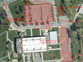 A map of the Cornwall Civic Complex, showing the placement for a proposed drive-through version of the Cornwall Ribfest.