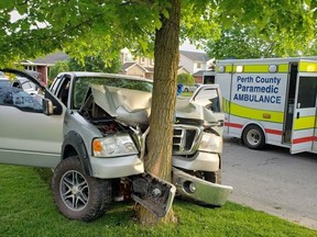 A St. Marys teen faces multiple charges, including impaired, after a pickup truck struck a tree on Maxwell Street in St. Marys last week. (SPS photo)