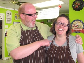 Shawn Fowler, Cornwall Comedy Festival producer, hamming it up with his wife Marie-Pier Bernier, on Monday April 4, 2016, in Lancaster, Ont. Todd Hambleton/Cornwall Standard-Freeholder/Postmedia Network