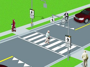 Pedestrian crossovers are identified by specific signs, pavement markings and lights – they have illuminated overhead lights/warning signs and pedestrian push buttons. Drivers and cyclists must wait until pedestrians have completely crossed the road.

0601 crossovers  by Pearson